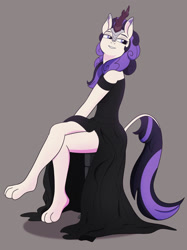 Size: 1280x1708 | Tagged: safe, artist:imperiialfrost, oc, oc:wintertide frost, kirin, anthro, barefoot, clothes, dress, feet, female, sitting, solo, toes