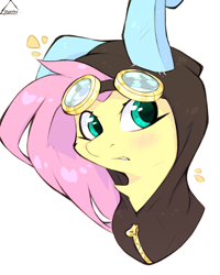 Size: 800x1000 | Tagged: safe, artist:glazirka, fluttershy, pony, g4, bunny ears, clothes, costume, dangerous mission outfit, goggles, hoodie, simple background, solo, white background, zipper