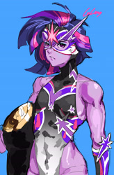 Size: 3601x5488 | Tagged: safe, artist:田园锄串子, twilight sparkle, human, equestria girls, g4, clothes, high-cut clothing, leotard, luchador, mask, muscles, nacho libre, short hair, solo, sports, twilight muscle, wrestler, wrestling