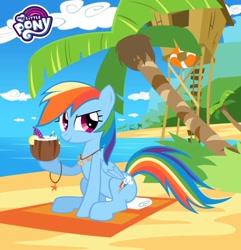 Size: 855x886 | Tagged: safe, rainbow dash, pegasus, pony, g4, official, beach, facebook, female, mare, my little pony logo, palm tree, sitting, solo, summer, tree