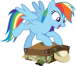 Size: 1128x981 | Tagged: safe, artist:sollace, derpibooru exclusive, rainbow dash, pegasus, pony, g4, stranger than fan fiction, .svg available, clothes, cute, excited, female, happy, hat, open mouth, pith helmet, raised leg, simple background, solo, spread wings, suitcase, svg, transparent background, vector, wings