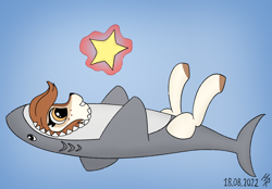 Size: 2510x1744 | Tagged: safe, artist:hardrock, oc, oc:sofiko, deer, animal costume, costume, female, lying down, on back, shark costume, solo