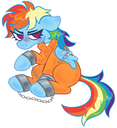 Size: 1772x1946 | Tagged: safe, artist:cherubkewpie, rainbow dash, g4, bound wings, chained, clothes, cuffs, grumpy, jumpsuit, prison outfit, prisoner rd, shackles, shirt, simple background, solo, transparent background, undershirt, wings