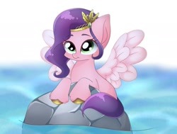 Size: 2006x1515 | Tagged: safe, artist:namaenonaipony, pipp petals, pegasus, pony, g5, adorapipp, cute, eyebrows, eyebrows visible through hair, female, mare, rock, simple background, solo, spread wings, water, white background, wings