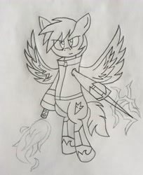 Size: 2268x2780 | Tagged: safe, artist:lunahazacookie, oc, oc:nightwish, pegasus, pony, high res, hoof shoes, lineart, male, pegasus oc, sketch, solo, stallion, traditional art, weapon, wings