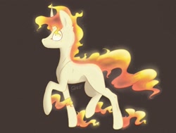 Size: 1857x1403 | Tagged: safe, artist:thelazyponyy, oc, oc only, pony, unicorn, brown background, female, horn, mane of fire, mare, ponified, raised hoof, simple background, solo, unicorn oc