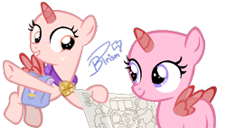 Size: 758x431 | Tagged: safe, artist:brush-prism, cozy glow, oc, oc only, pony, bag, base, duo, female, filly, foal, freckles, saddle bag, simple background, smiling, transparent background