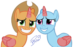 Size: 944x612 | Tagged: safe, artist:brush-prism, oc, oc only, alicorn, pony, alicorn oc, bald, base, duo, female, grin, hat, horn, mare, signature, simple background, smiling, transparent background, wings