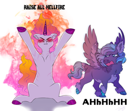 Size: 2500x2200 | Tagged: safe, artist:theartfox2468, princess celestia, princess luna, pegasus, pony, unicorn, g4, crystal horn, dialogue, duo, ethereal mane, female, fire, glowing, glowing eyes, high res, hooves in air, horn, looking up, mare, pegasus luna, race swap, simple background, unicorn celestia, unshorn fetlocks, white background, younger