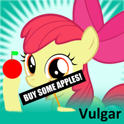Size: 1024x1024 | Tagged: safe, apple bloom, earth pony, pony, derpibooru, g4, apple, apple bloom's bow, bow, buy some apples, food, hair bow, hooves, leaf, meta, meta:vulgar, open mouth, sign, spoilered image joke