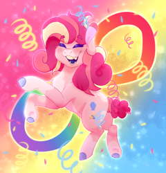 Size: 850x884 | Tagged: safe, artist:thatonefluffs, pinkie pie, earth pony, pony, g4, autism, autistic pinkie pie, confetti, draw this in your style, draw this in your style challenge, eyes closed, fangs, freckles, headcanon, infinity symbol, lgbt, lgbt headcanon, neurodivergent, neurodivergent headcanon, pansexual, pansexual pride flag, ponk, pride, pride flag, redesign, smiling, solo, sparkles