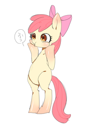 Size: 700x990 | Tagged: safe, artist:nitronic, apple bloom, earth pony, pony, g4, bipedal, blushing, female, filly, foal, japanese, puffy cheeks, simple background, solo, speech bubble, standing on two hooves, white background