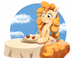 Size: 2579x2070 | Tagged: safe, artist:applephil, pear butter, earth pony, pony, g4, blushing, eating, female, food, high res, mare, meat, meatball, pasta, ponies eating meat, simple background, solo, spaghetti, table, white background