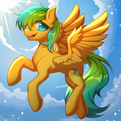 Size: 3543x3543 | Tagged: safe, artist:blueeye, oc, oc only, oc:nature guard, pegasus, pony, cloud, flying, high res, looking at you, open mouth, raised hoof, sky, smiling, smiling at you, solo, spread wings, sun, wings