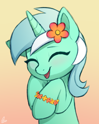 Size: 2000x2500 | Tagged: safe, artist:luminousdazzle, derpibooru exclusive, lyra heartstrings, pony, unicorn, g4, ^^, background pony, blushing, bracelet, colored sketch, cute, daaaaaaaaaaaw, doodle, eyes closed, female, flower, flower bracelet, flower in hair, gradient background, half body, happy, high res, jewelry, lying down, lyrabetes, mare, open mouth, open smile, signature, smiling, solo