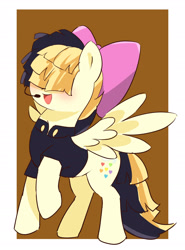 Size: 1952x2640 | Tagged: safe, artist:leo19969525, songbird serenade, pegasus, pony, g4, my little pony: the movie, blushing, bow, brown background, clothes, cute, ears, ears up, female, mane, mare, microphone, open mouth, open smile, simple background, smiling, solo, songbetes, spread wings, tail, wings