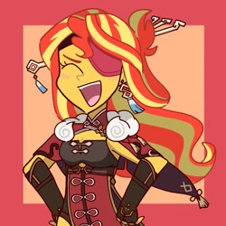 Size: 1280x1280 | Tagged: safe, artist:nene, sunset shimmer, human, equestria girls, g4, abstract background, alternate hairstyle, ami koshimizu, beidou (genshin impact), belt, breasts, cape, cleavage, clothes, cosplay, costume, ear piercing, earring, eyepatch, eyes closed, female, fingerless gloves, genshin impact, gloves, hairclip, japanese, jewelry, open mouth, piercing, simple background, solo, voice actor joke