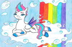 Size: 2205x1434 | Tagged: safe, artist:assertiveshypony, zipp storm, pegasus, pony, g5, cloud, looking at you, lying down, lying on a cloud, on a cloud, rainbow, simple background, solo, traditional art