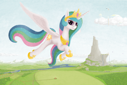 Size: 1800x1200 | Tagged: safe, artist:xodok, princess celestia, alicorn, pony, series:ponyashnost, g4, canterlot, cloud, cloudsdale, field, forest, looking at you, mountain, river, smiling, water