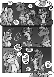 Size: 2480x3508 | Tagged: safe, artist:moonseeker, big macintosh, sugar belle, sweetie belle, earth pony, pony, unicorn, comic:sweet apple pie, g4, blushing, comic, eating, eyes closed, female, food, grayscale, high res, magic, male, mare, monochrome, older, older big macintosh, older sugar belle, older sweetie belle, open mouth, open smile, pictogram, pie, ship:sugarmac, shipping, smiling, stallion, straight