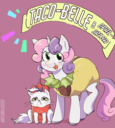 Size: 3435x3824 | Tagged: safe, artist:gay_smilesss, opalescence, sweetie belle, cat, pony, unicorn, g4, clothes, costume, cute, diasweetes, digital art, female, filly, foal, food, food costume, high res, pun, smiling, taco, taco belle, taco costume, text, tongue out