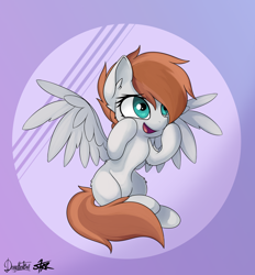 Size: 3670x3960 | Tagged: safe, artist:doggomeatball, artist:starmaster, oc, oc only, oc:becca, pegasus, pony, female, happy, high res, simple background, sitting, solo, spread wings, wings