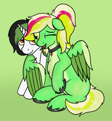 Size: 667x722 | Tagged: safe, artist:czaroslaw, oc, oc:czarie, oc:gumdrops, pegasus, pony, unicorn, female, female on male, hug, male, mare, mare on stallion, stallion, straight, winghug, wings