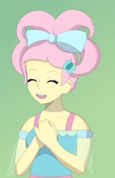 Size: 2641x4096 | Tagged: safe, artist:doggorob, fluttershy, human, equestria girls, g4, alternate hairstyle, bow, butterfly hairpin, clothes, cute, dress, eyes closed, female, hair bow, open mouth, shyabetes, solo