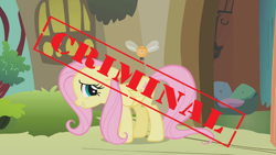 Size: 1000x563 | Tagged: safe, edit, edited screencap, screencap, fluttershy, parasprite, pegasus, pony, g4, swarm of the century, doorway, embarrassed, female, fluttershy's cottage, flying, mare, pillow, solo, text