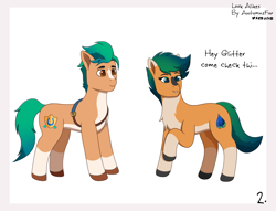 Size: 2719x2073 | Tagged: safe, artist:autumnsfur, hitch trailblazer, oc, oc:skyena, earth pony, pony, comic:look alikes, g4, g5, blue eyes, blue hair, blue mane, blue tail, comic, duo, earth pony oc, female, green eyes, green hair, green mane, high res, hooves, male, mare, multicolored eyes, multicolored hair, multicolored mane, orange coat, orange eyes, orange fur, panel, pony oc, raised hoof, sheriff's badge, signature, simple background, smiling, smirk, stallion, tail, text