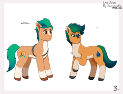 Size: 2719x2073 | Tagged: safe, artist:autumnsfur, hitch trailblazer, oc, oc:skyena, earth pony, pony, comic:look alikes, g4, g5, blue eyes, blue hair, blue mane, comic, confused, duo, earth pony oc, female, green eyes, green hair, green mane, high res, hooves, male, mare, multicolored eyes, multicolored hair, multicolored mane, multicolored tail, orange coat, orange eyes, orange fur, panel, pony oc, raised hoof, sheriff's badge, signature, simple background, stallion, stare, tail, text