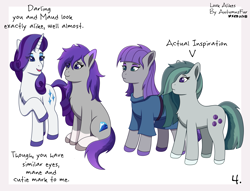 Size: 2719x2073 | Tagged: safe, artist:autumnsfur, marble pie, maud pie, rarity, oc, oc:glitter stone, earth pony, pony, unicorn, comic:look alikes, g4, g5, clothes, diamond, earth pony oc, eye clipping through hair, high res, hooves, long hair, long mane, nervous, open mouth, pie sisters, purple eyes, purple hair, purple mane, purple tail, raised hoof, redesign, siblings, signature, sisters, sitting, smiling, smirk, tail, text