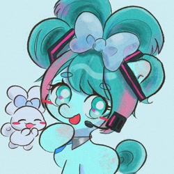 Size: 2048x2048 | Tagged: safe, artist:veryjelly123, earth pony, pony, alternate hairstyle, anime, blue background, blush sticker, blushing, bow, eyebrows, eyebrows visible through hair, female, hair bow, hatsune miku, headset mic, high res, looking at you, mare, necktie, open mouth, ponified, raised hoof, simple background, vocaloid