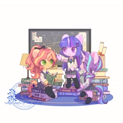 Size: 2048x2048 | Tagged: safe, artist:xieyanbbb, starlight glimmer, sunset shimmer, twilight sparkle, unicorn, g4, alternate hairstyle, arm hooves, bipedal, book, bow, chalk, chalkboard, chinese, clothes, eye clipping through hair, female, hair bow, high res, hoof hold, horn, lamp, looking at someone, mare, open mouth, school uniform, simple background, sitting, skirt, socks, standing, stockings, thigh highs, trio, trio female, underhoof, white background