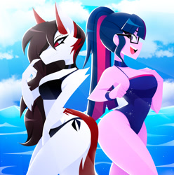 Size: 1997x2014 | Tagged: safe, artist:xan-gelx, sci-twi, twilight sparkle, oc, human, anthro, equestria girls, g4, bare shoulders, bikini, clothes, commission, duo, duo female, female, glasses, looking at someone, one-piece swimsuit, open mouth, open smile, profile, sleeveless, smiling, swimsuit, water, wristband
