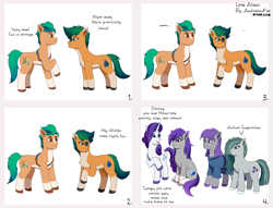 Size: 3114x2374 | Tagged: safe, artist:autumnsfur, hitch trailblazer, marble pie, maud pie, rarity, oc, oc:glitter stone, oc:skyena, earth pony, pony, unicorn, comic:look alikes, g4, g5, blue eyes, blue hair, blue mane, clothes, comic, confused, diamond, duo, earth pony oc, eye clipping through hair, female, green eyes, green mane, green tail, high res, hooves, male, mare, multicolored eyes, multicolored hair, multicolored mane, multicolored tail, nervous, open mouth, orange coat, orange fur, pie sisters, pony oc, purple eyes, purple hair, purple mane, raised hoof, redesign, sheriff's badge, siblings, signature, simple background, sisters, sitting, stallion, stare, tail, text