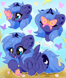 Size: 2000x2352 | Tagged: safe, artist:woonborg, princess luna, alicorn, butterfly, pony, :<, blushing, cute, ear fluff, female, filly, fluffy, frog (hoof), happy, hoofbutt, jewelry, lunabetes, regalia, smiling, solo, underhoof, woona, younger