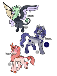 Size: 2048x2732 | Tagged: safe, artist:sursiq, oc, oc only, griffon, kirin, pony, unicorn, accessory, amputee, artificial wings, augmented, clothes, griffon oc, high res, horn, kirin oc, outline, pony oc, prosthetic limb, prosthetic wing, prosthetics, shawl, simple background, stockings, text, thigh highs, transparent background, unicorn oc, watermark, white outline, wings