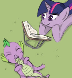 Size: 2217x2400 | Tagged: safe, artist:reashi, spike, twilight sparkle, dragon, pony, unicorn, g4, book, duo, fangs, female, grass, high res, male, reading, smiling, unicorn twilight