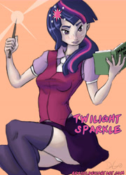 Size: 8377x11639 | Tagged: safe, artist:reashi, twilight sparkle, human, g4, book, clothes, female, humanized, panties, simple background, skirt, solo, stockings, thigh highs, underwear, upskirt, wand