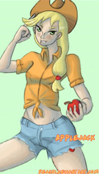 Size: 5749x10077 | Tagged: safe, artist:reashi, applejack, human, g4, apple, clothes, female, food, humanized, midriff, simple background, solo