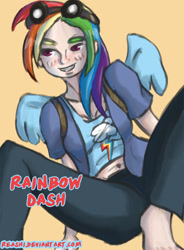 Size: 1000x1361 | Tagged: safe, artist:reashi, rainbow dash, human, g4, barefoot, clothes, feet, female, goggles, humanized, midriff, missing shoes, simple background, solo, winged humanization, wings