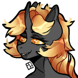 Size: 1700x1700 | Tagged: artist needed, safe, oc, oc:string, changeling, changeling queen, pony, unicorn, anthro, changeling oc, changeling queen oc, cute, fangs, female, fire, flowing hair, flowing mane, food, hair, look at this nerd, looking at you, looking back, looking back at you, orange, orange changeling, orange eyes, she's kinda cute, small fang, smells like toast, smiling, smiling at you, solo