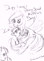 Size: 8377x11639 | Tagged: safe, artist:reashi, derpy hooves, dinky hooves, pegasus, pony, unicorn, female, food, monochrome, mother and child, mother and daughter, muffin, sketch, that pony sure does love muffins