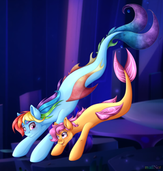 Size: 4340x4542 | Tagged: safe, artist:mailner, rainbow dash, scootaloo, merpony, pegasus, seapony (g4), absurd resolution, blushing, bubble, cute, dorsal fin, duo, eyebrows, eyelashes, female, fins, fish tail, flowing mane, flowing tail, high res, looking at each other, looking at someone, mare, ocean, open mouth, open smile, pink eyes, purple eyes, purple mane, redesign, seaponified, seapony rainbow dash, seapony scootaloo, seaquestria, signature, smiling, species swap, tail, underwater, water