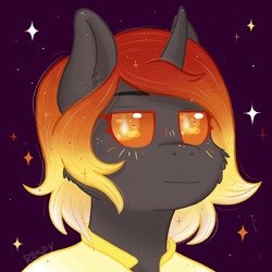 Size: 1920x1920 | Tagged: artist needed, safe, oc, oc:string, changeling, changeling queen, pony, unicorn, anthro, changeling queen oc, changling, changling solider, cute, female, food, glitter, horn, looking at you, looking back, looking back at you, orange, orange changeling, orange eyes, small smile, smiling, smiling at you, smirk, solo, stars