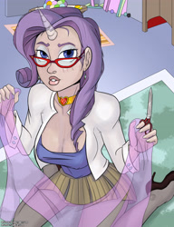 Size: 3000x3904 | Tagged: safe, artist:reashi, rarity, human, breasts, busty rarity, cleavage, female, glasses, horn, horned humanization, humanized, scissors, solo