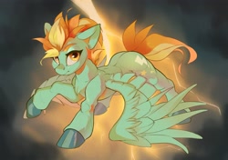 Size: 2615x1845 | Tagged: safe, artist:vertexpaint, lightning dust, pegasus, pony, g4, chest fluff, female, lightning, looking at you, mare, raised hoof, solo, spread wings, wings