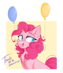 Size: 795x925 | Tagged: safe, artist:thieftea, pinkie pie, earth pony, pony, g4, balloon, blue eyes, chest fluff, ear fluff, female, mare, open mouth, open smile, pink mane, simple background, smiling, solo, text, thanks