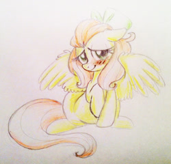 Size: 837x803 | Tagged: safe, artist:kluzart, fluttershy, pegasus, pony, g4, alternate hairstyle, aside glance, blushing, bow, colored pencil drawing, female, floppy ears, full body, hair bow, looking at you, mare, raised hoof, simple background, sitting, smiling, smiling at you, solo, spread wings, traditional art, turned head, white background, wings